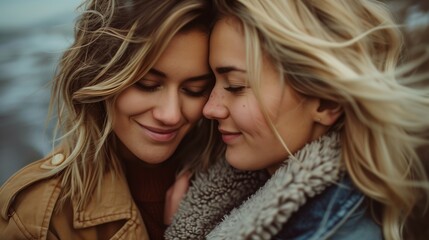 Fototapeta premium Lesbian couple sharing an intimate, romantic moment together on a date. Two beautiful women in love and dating.