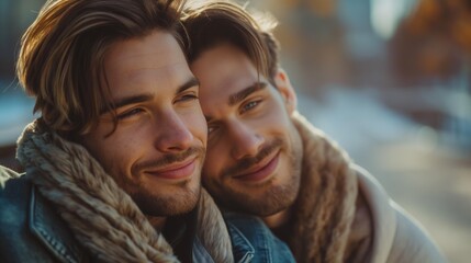 Two gay men in love sharing an intimate, romantic moment on a date. Closeup of handsome male faces.