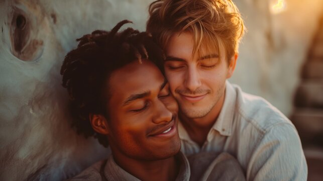 Two gay men in love sharing an intimate, romantic moment in an interracial relationship - Powered by Adobe