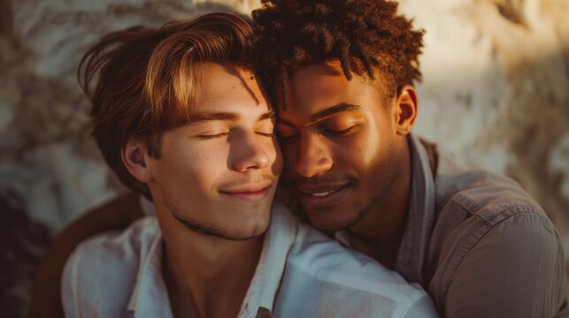 Two gay men in love sharing an intimate, romantic moment in an interracial relationship