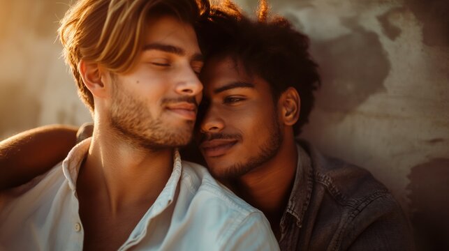 Two gay men in love sharing an intimate, romantic moment in an interracial relationship
