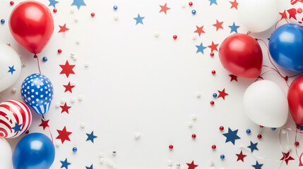 Happy Labor Day greeting banner. Festive design with helium balloons in national colors of american flag and pattern of stars. USA banner for sale, discount, advertisement, web. Place for text