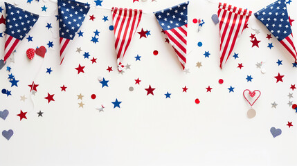 Obraz premium Happy Labor Day greeting banner. Festive design with helium balloons in national colors of american flag and pattern of stars. USA banner for sale, discount, advertisement, web. Place for text