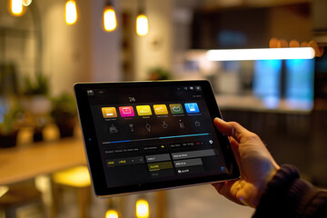 Smart home control app on tablet, automating lights, temperature, and security