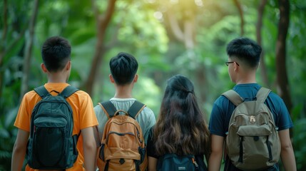 Collaborative Teamwork Group of Students Prepare for a Group Presentation, Demonstrating Teamwork in Action as They Carry Their Backpacks Together