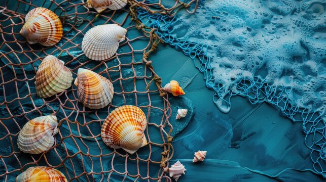 Sea themed nets with shells on blue sea background