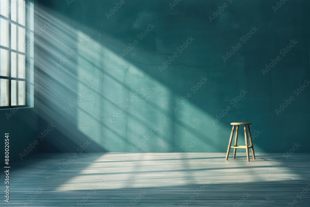 Wall mural sunlight through window illuminating empty room with stool