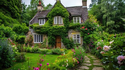 A picturesque country cottage with ivy-covered walls, blooming gardens, and a quaint stone path leading to the front door.
