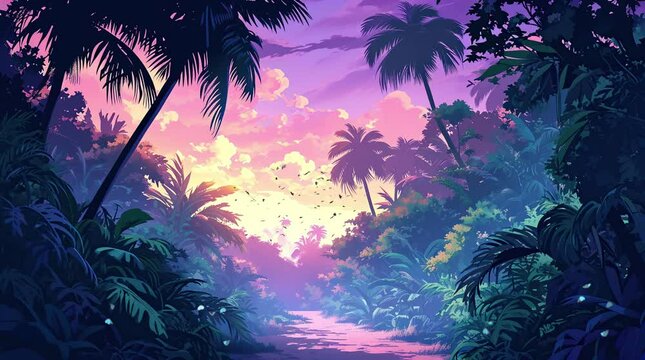 A mystical pathway illuminated by glowing iridescent hues, winding through a vibrant tropical forest and creating a magicseamless looping 4k time-lapse virtual video animation background. generated ai