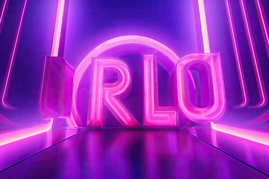 Neon letters RLO in a futuristic glowing room.