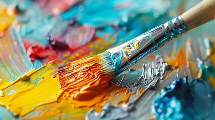 Fototapeta premium Close-up of a paintbrush mixing yellow and orange paint on a palette.