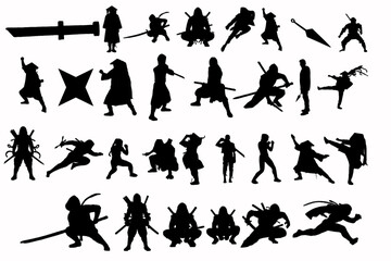 Set of Ninja silhouette vector illustration. Ninja Japanese warrior silhouettes.