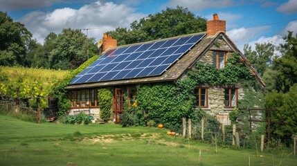 A rustic countryside cottage surrounded by greenery, its quaint charm enhanced by solar panels providing sustainable energy.