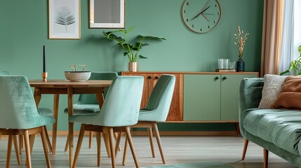 A Scandinavian-inspired living room showcasing mint color chairs at a round wooden dining table, a plush sofa, and a chic cabinet by a green accent wall, 