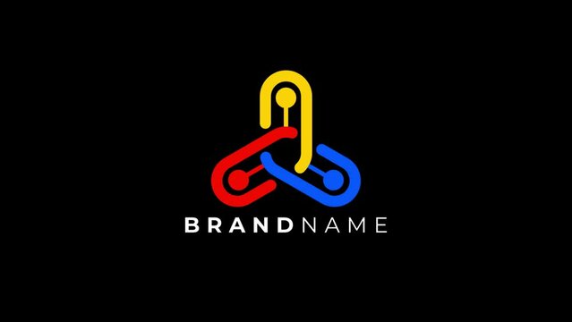 simple logo animation motion of connected interlocked tripple three different color chains links human figure