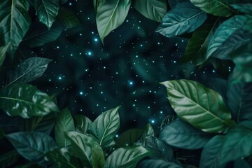 Fototapeta premium A celestial garden where stars blossom like flowers amidst lush greenery with copy space, high tech