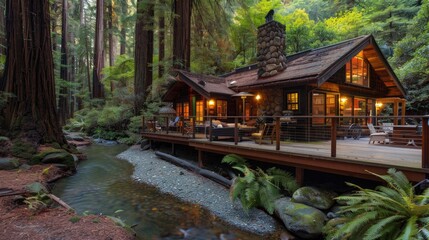 A serene forest cabin with a large deck, surrounded by towering redwoods and a tranquil stream nearby.