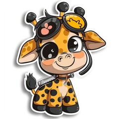 Fototapeta premium cartoon giraffe with fencing sword and mask sticker, white background, simple Q version of the cartoon character stickers
