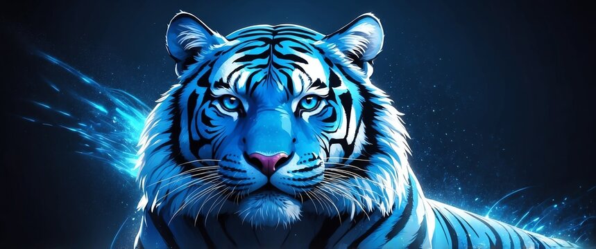 blue theme tiger portrait with light trail effect futuristic particles background design backdrop