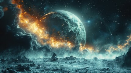 Fototapeta premium Alien Planet Surface with Fire and Stars Illustration