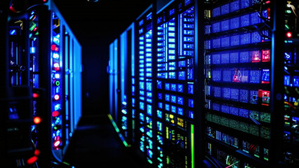 Fototapeta premium a close up of a row of servers in a dark room