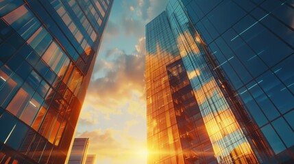Cityscape photo of a skyline at sunset with tall buildings and blue sky