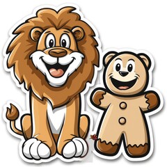 Fototapeta premium cartoon lion with gingerbread man and candy sticker, white background, simple Q version of the cartoon character stickers