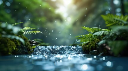 A mystical scene where rivers flow with liquid electricity, powering the surrounding flora and fauna with a radiant energy with copy space, high tech