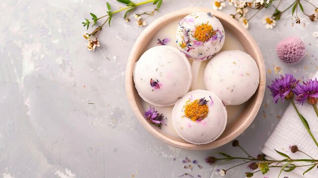 Homemade bath bombs with dried flowers and herbs, Bath relax