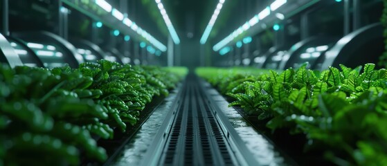 A supernatural city where vegetables sprout from digital screens embedded in the sidewalks, creating a seamless fusion of organic life and technology with copy space, high tech