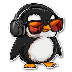 Obraz premium cartoon penguin with earmuffs and ice skates sticker, white background, simple Q version of the cartoon character stickers