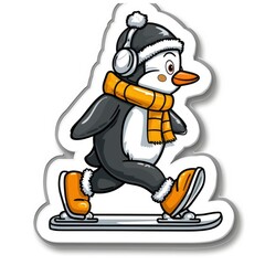  cartoon penguin with earmuffs and ice skates sticker, white background, simple Q version of the cartoon character stickers