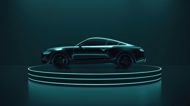 A supernatural podium that rises from the ground, carrying a car adorned with shimmering, futuristic designs, merging magic and cuttingedge technology with copy space, high tech