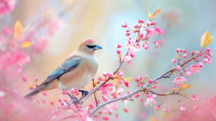Fototapeta premium Cedar Waxwing Resting on Pink Blossom