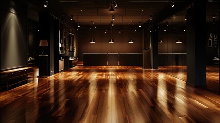 A sophisticated dark room at night with a minimalist design, featuring polished wooden floors and dim overhead lighting, creating ample copy space.
