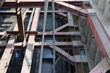 Reinforcement steel rod and deformed bar with rebar at construction site.