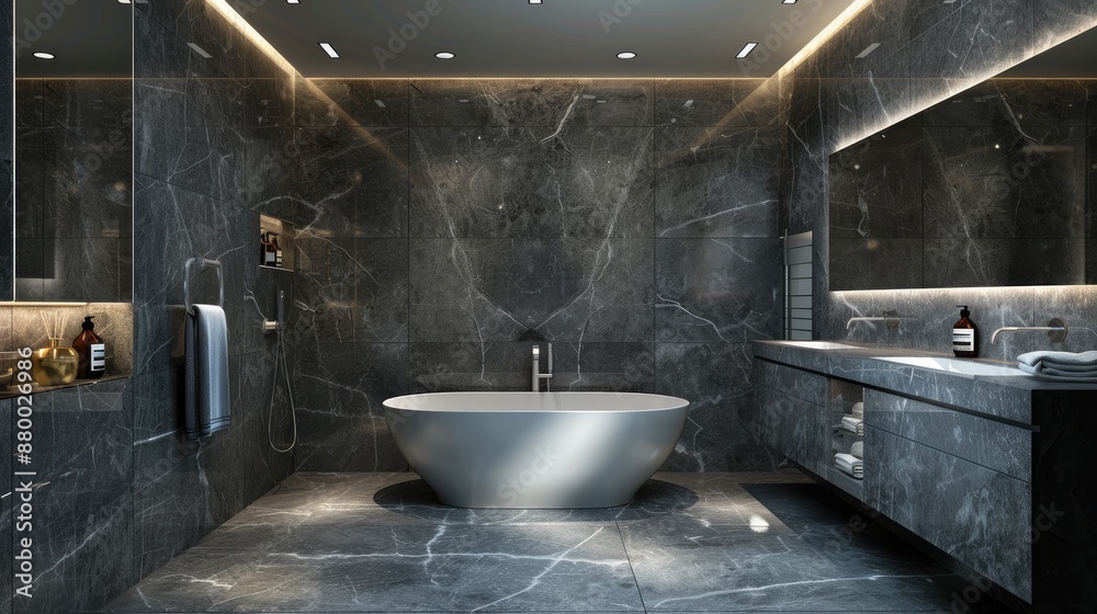 Wall mural A sophisticated grey marble bathroom with soft LED lighting around the ceiling, a double vanity with modern cabinetry, and a freestanding tub placed centrally.