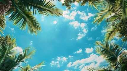 Tropical themed background with space on blue sky fir tree and palm tree frame