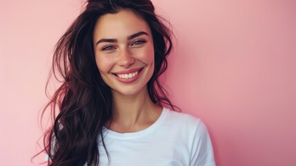Fototapeta premium Half-body photo of a beautiful woman, smiling confidently against a solid pink background, offering plenty of copy space
