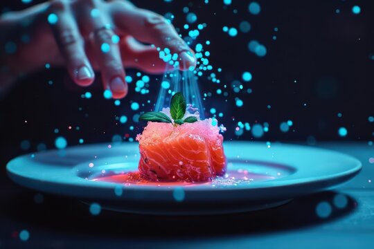 A surreal dining experience where each bite of food ignites into a dazzling display of light and taste with copy space, high tech