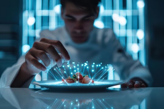 A surreal dining experience where each bite of food ignites into a dazzling display of light and taste with copy space, high tech