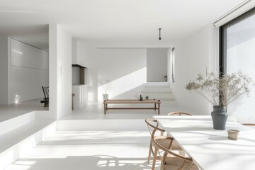 Fototapeta premium Modern white dining space with cozy seating, minimal decor, and natural light