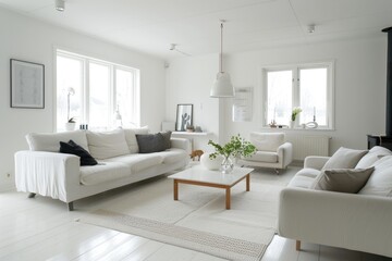 Minimalist white living room with cozy furniture, simple decor, and bright ambiance
