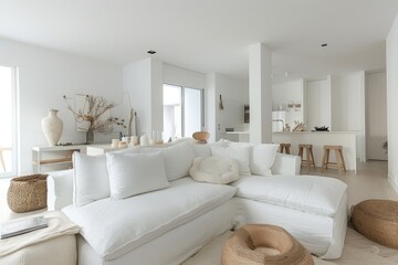 Bright and airy minimal white living room with a large white sofa and minimal decor elements.