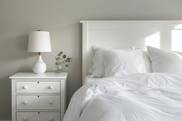 Modern minimal white bedroom with white linens and a simple nightstand, creating a peaceful environment.