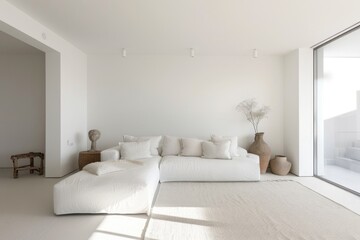 Fototapeta premium Bright minimal white living room with a white couch and minimalistic decor elements, creating a serene atmosphere.