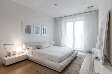 Fototapeta premium Cozy white bedroom with minimalist decor and a comfortable bed