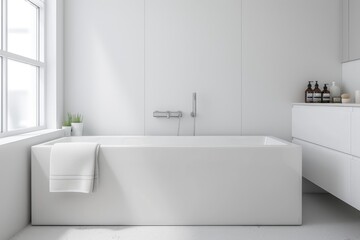 Minimal white bathroom with a sleek bathtub and modern fixtures