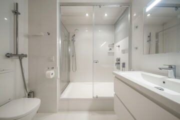 Spacious white bathroom featuring a glass shower enclosure and minimalist decor