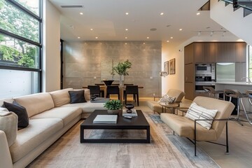 Fototapeta premium Modern living room with cozy seating area and minimalist decor